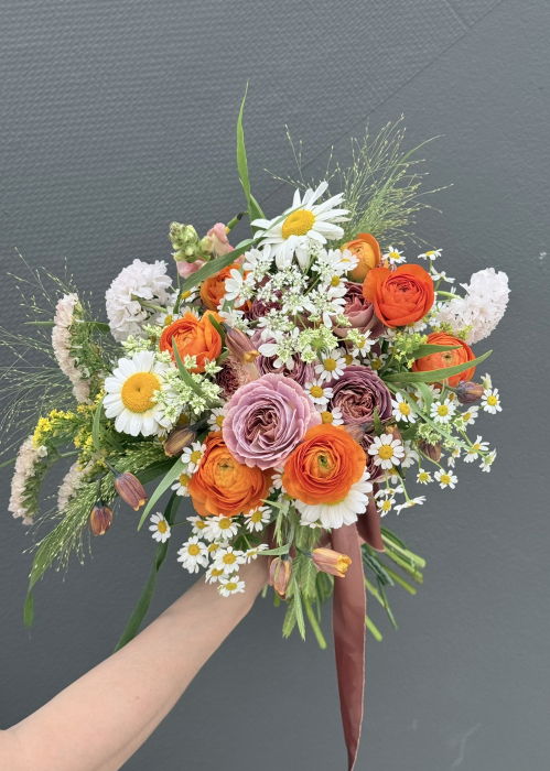 Buchet de cununie rustic din flori de camp portocaliu violet [5]