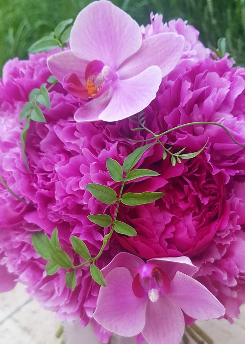 Buchet de mireasa din bujori si orhidee roz [2]