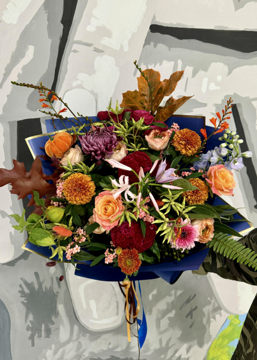 Buchet de toamna din crizanteme mov trandafiri dalii celosia nerina [5]