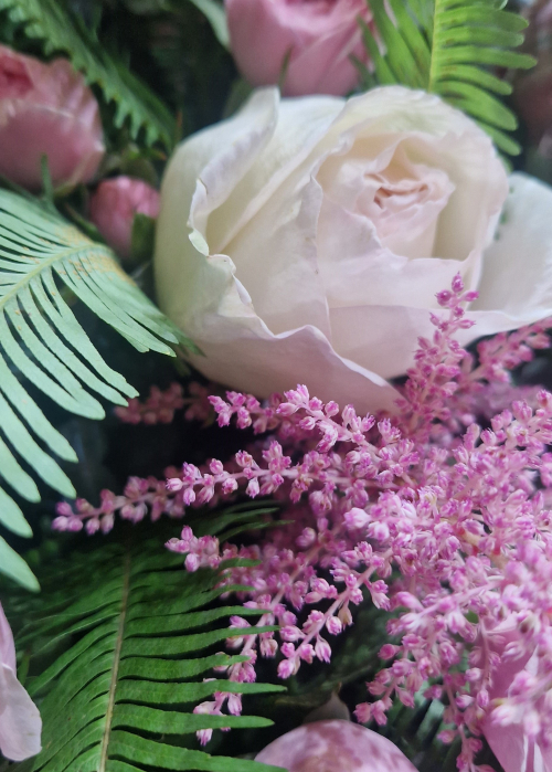 Buchet din trandafiri parfumati albi si roz si feriga Exotic Vibe [3]