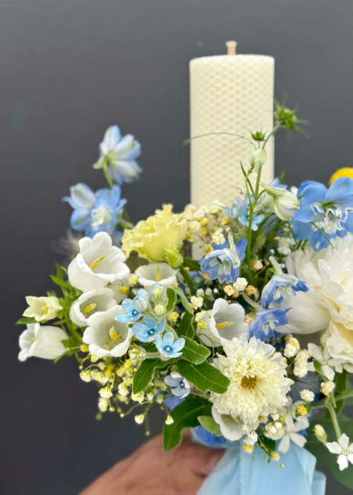 Lumanare de botez baietel albastra cu campanula si delphinium [2]