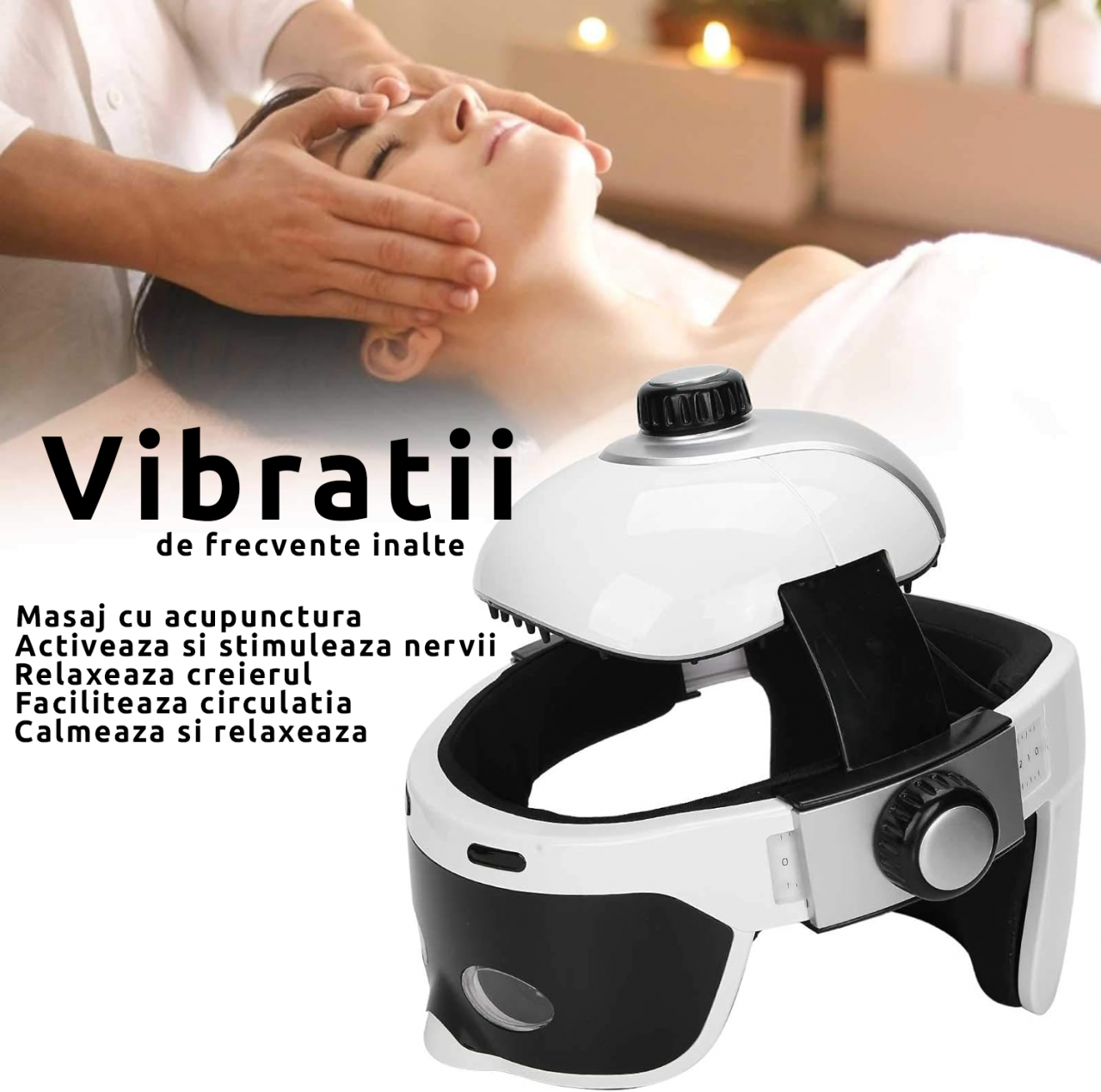 Dispozitiv de masaj pentru cap de tip casca electrica cu compresie calda si functie de masaj ocular inteligent, putere 5W, tensiune 5V, pana la 42℃, interior cu captuseala moale, din ABS, Alb-Negru [2]