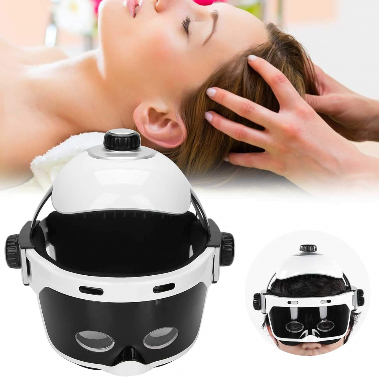 Dispozitiv de masaj pentru cap de tip casca electrica cu compresie calda si functie de masaj ocular inteligent, putere 5W, tensiune 5V, pana la 42℃, interior cu captuseala moale, din ABS, Alb-Negru [6]