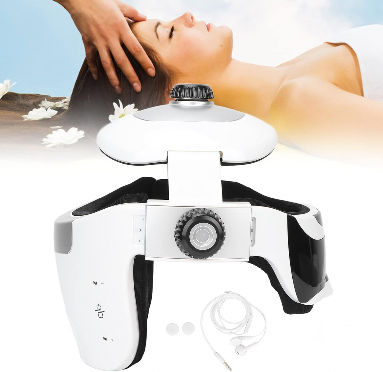 Dispozitiv de masaj pentru cap de tip casca electrica cu compresie calda si functie de masaj ocular inteligent, putere 5W, tensiune 5V, pana la 42℃, interior cu captuseala moale, din ABS, Alb-Negru [5]