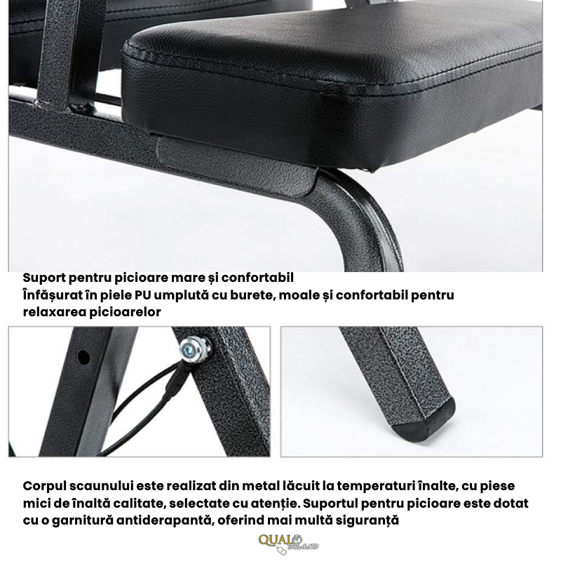 Scaun Masaj Profesional  QUAL BRAND®, din Otel Inoxidabil si Piele PU, Pliabil, pentru Masaj si Tatuat, Inaltime Reglabila, Perfect pentru Terapeuti, Reglare in 4 zone, Negru [6]