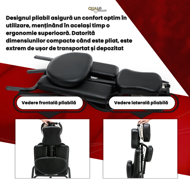 Scaun Masaj Profesional  QUAL BRAND®, din Otel Inoxidabil si Piele PU, Pliabil, pentru Masaj si Tatuat, Inaltime Reglabila, Perfect pentru Terapeuti, Reglare in 4 zone, Negru [4]