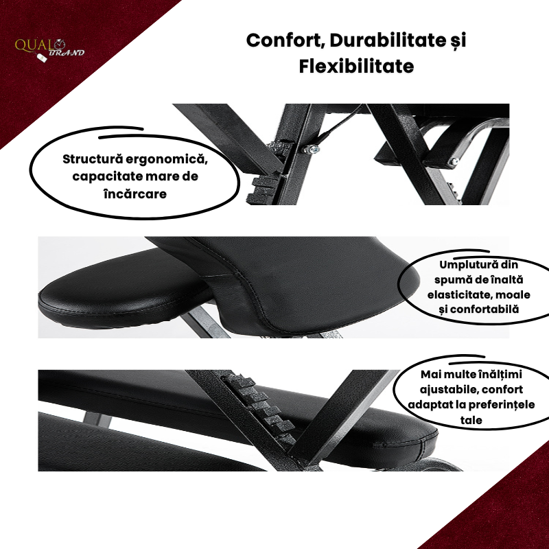 Scaun Masaj Profesional  QUAL BRAND®, din Otel Inoxidabil si Piele PU, Pliabil, pentru Masaj si Tatuat, Inaltime Reglabila, Perfect pentru Terapeuti, Reglare in 4 zone, Negru [5]