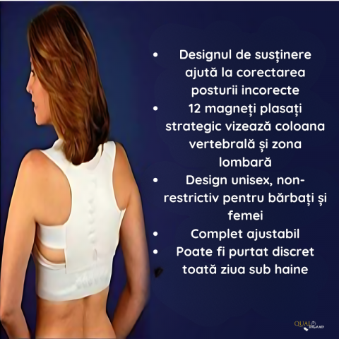Corector de Postura QUAL BRAND®, pentru indreptare spate, coloana si umeri, 12 magneti cusuti, Ergonomic, Alb [4]
