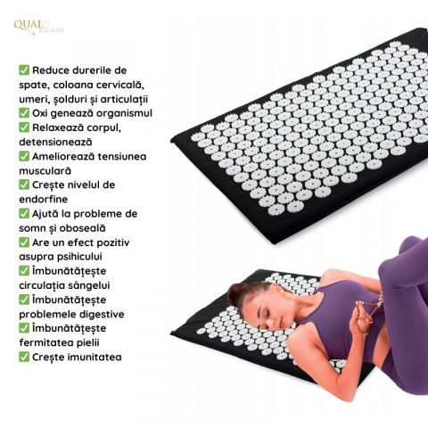 Covoras Presopunctura QUAL BRAND®, Ideal Pentru Ameliorarea Durerilor de Spate, Detensionare Musculara si Relaxare, 230 de Capete de Presiune, Bumbac, 65x41 cm, Negru/Alb [3]