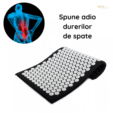 Covoras Presopunctura QUAL BRAND®, Ideal Pentru Ameliorarea Durerilor de Spate, Detensionare Musculara si Relaxare, 230 de Capete de Presiune, Bumbac, 65x41 cm, Negru/Alb [1]