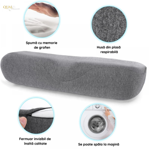 Perna cervicala din spuma cu memorie QUAL BRAND®, Pentru Dormit, Cu Contur Ergonomic, Material Respirabil, Ideala pentru somn odihnitor 50X18X9.5 CM, Gri [3]