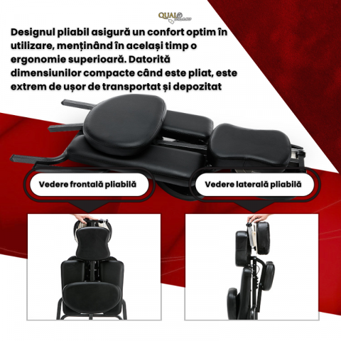 Scaun Masaj Profesional  QUAL BRAND®, din Otel Inoxidabil si Piele PU, Pliabil, pentru Masaj si Tatuat, Inaltime Reglabila, Perfect pentru Terapeuti, Reglare in 4 zone, Negru [3]