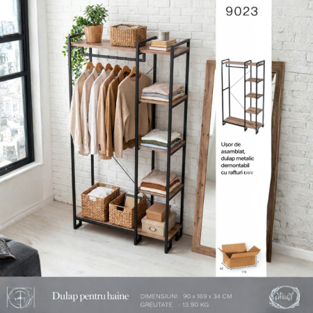 Cuier pentru haine cu rafturi și suport pentru umerașe