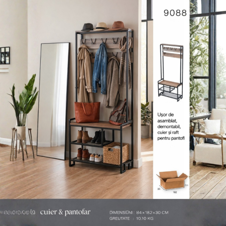 Cuier pentru hol cu pantofar și raft pentru depozitare
