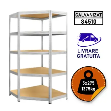 Rafturi metalice - Raft metalic colt, 180x90x45 cm, 5 polite, 275 kg/polita MDF, fara suruburi, galvanizat