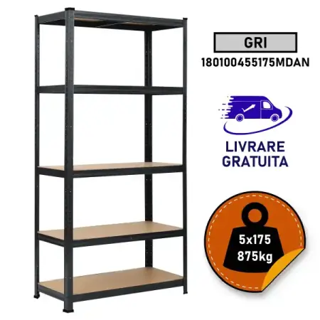 Rafturi metalice polita MDF - Raft metalic SmartStorage, 5 polite, 180x100x45cm, 175 kg/polita MDF, gri antracit