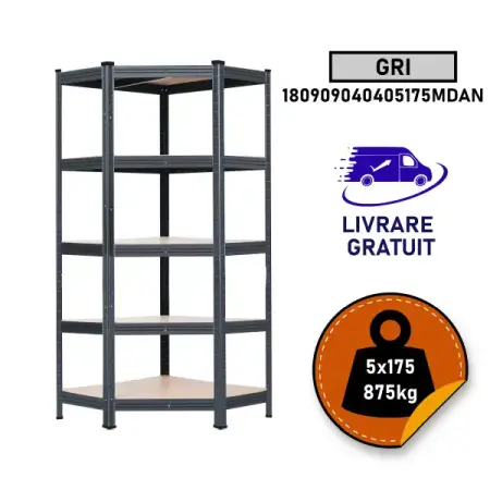 Rafturi metalice polita MDF - Raft colt  SmartStorage 5 polite, 180x90x90x40 cm, 175 kg/polita MDF, gri antracit