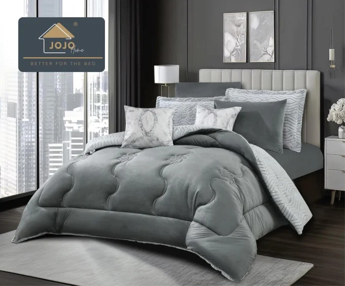 Set lenjerie de pat cu elastic ,cu pilota inclusa, blanita artificiala de iepure, 6 piese, Gri Deschis [1]