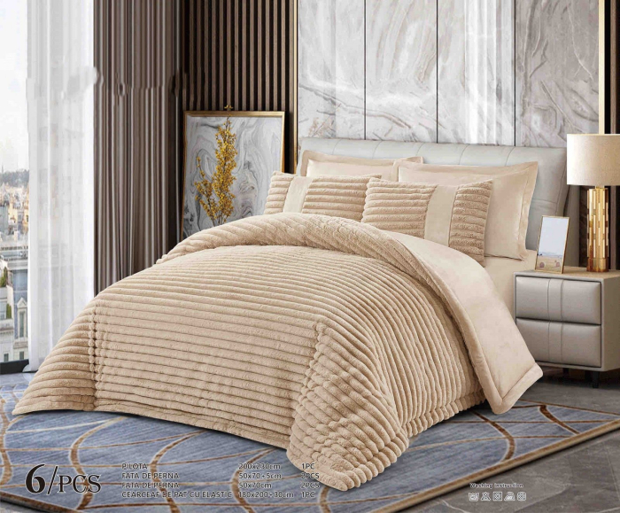 Lenjerie de pat cu Pilota Inclusa , Cearceaf cu Elastic, 6 Piese, Blană de Iepure Artificială - Bej [1]