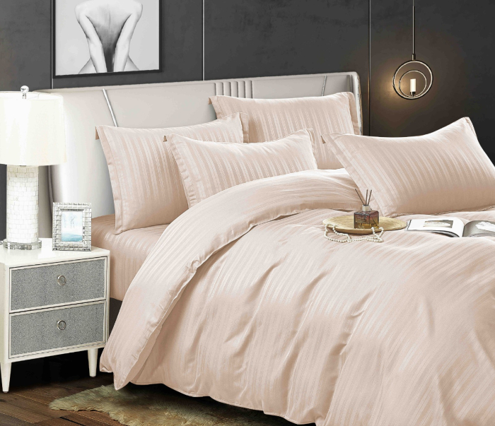 Lenjerie pat dublu 100% Damasc PREMIUM, Cu Elastic, 6 Piese - Bej Deschis [2]