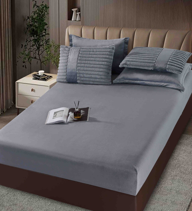 Lenjerie de pat cu Pilota Inclusa , Cearceaf cu Elastic, 6 Piese, Blană de Iepure Artificială - Gri Inchis [4]