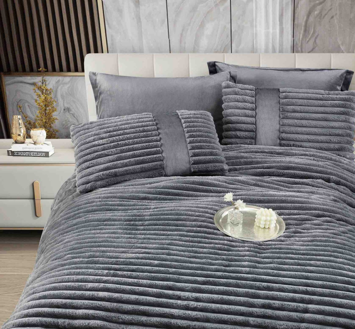 Lenjerie de pat cu Pilota Inclusa , Cearceaf cu Elastic, 6 Piese, Blană de Iepure Artificială - Gri Inchis [2]