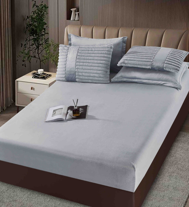 Lenjerie de pat cu Pilota Inclusa , Cearceaf cu Elastic, 6 Piese, Blană de Iepure Artificială - Gri Deschis [4]