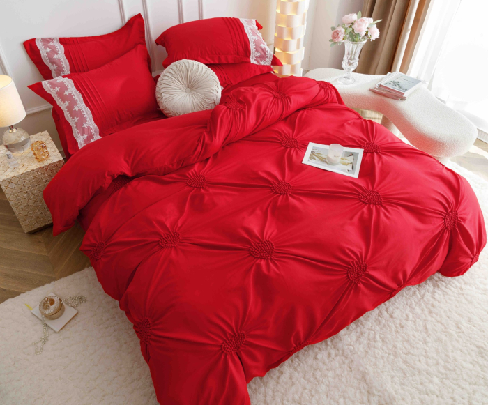 Lenjerie Pat Dublu, Bumbac Soft Touch, 6 piese, cu Pliuri Brodate - Rosu [2]