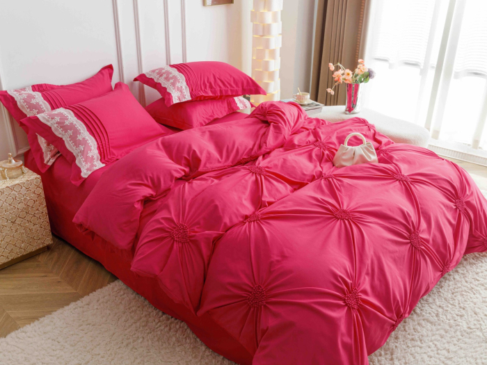 Lenjerie Pat Dublu, Bumbac Soft Touch, 6 piese, cu Pliuri Brodate - Roz [3]