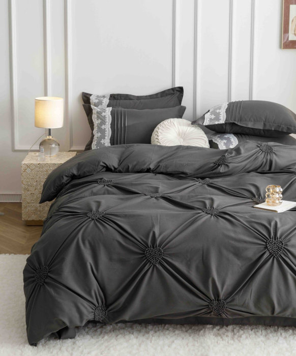 Lenjerie Pat Dublu, Bumbac Soft Touch, 6 piese, cu Pliuri Brodate - Gri Inchis [2]