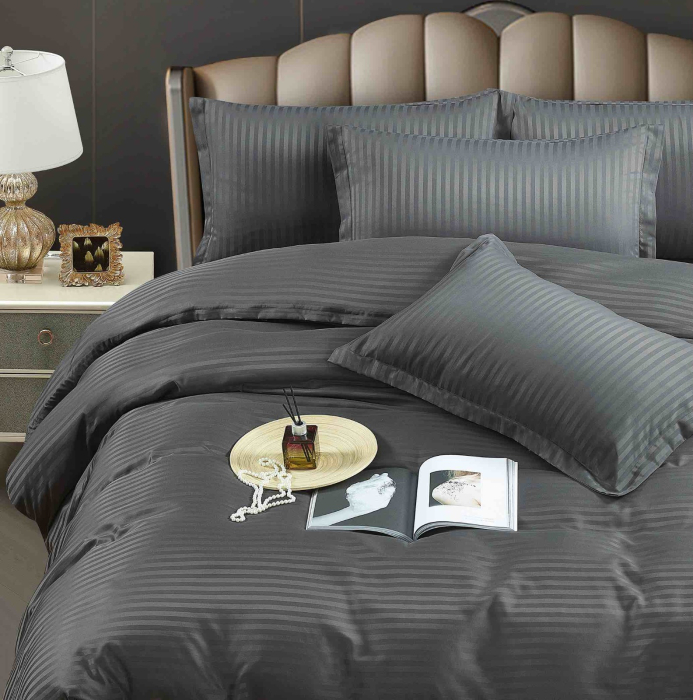 Lenjerie pat dublu 100% Damasc PREMIUM, 6 Piese - Gri Inchis [3]