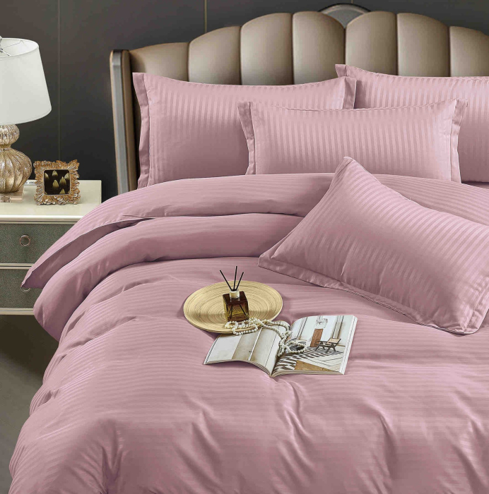 Lenjerie pat dublu 100% Damasc PREMIUM, 6 Piese - Roz Prafuit [2]