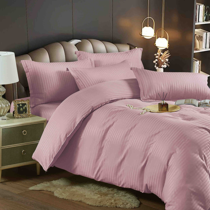 Lenjerie pat dublu 100% Damasc PREMIUM, Cu Elastic, 6 Piese - Roz Prafuit [3]