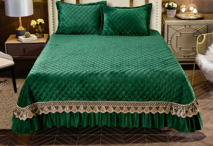 Cuvertura de Pat Catifea de Lux, Pat Dublu, 3 Piese - Verde [2]