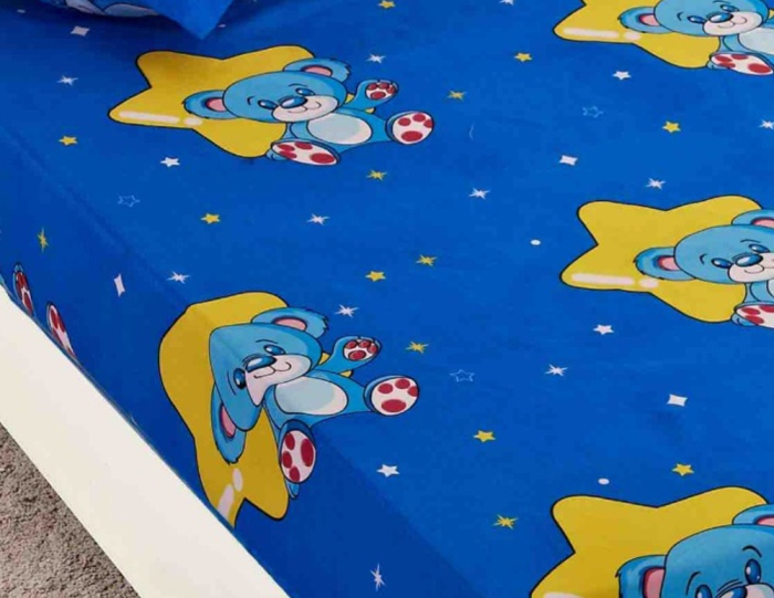 Husa de Pat cu Elastic Bumbac Finet, 1 Persoana 90x200 cm, cu 2 Fete de Perna - Albastru, Ursuleti [3]