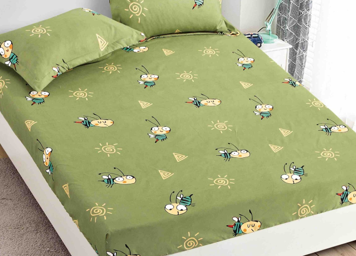 Husa de Pat cu Elastic Bumbac Finet, 1 Persoana 90x200 cm, cu 2 Fete de Perna - Verde, Vacute [2]