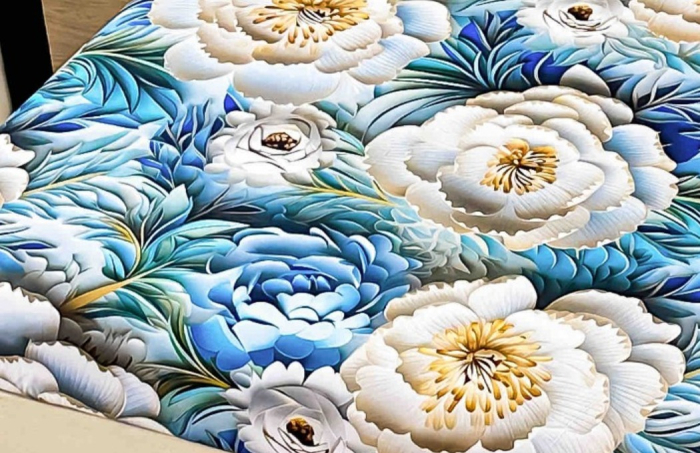 Husa de Pat cu Elastic Bumbac Finet 5D, Pat Dublu, cu 2 Fete de Perna, 160x200 cm - Albastru, Flori [3]