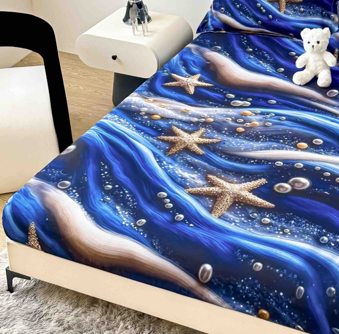 Husa de Pat cu Elastic Bumbac Finet 5D, Pat Dublu, cu 2 Fete de Perna, 160x200 cm - Albastru, Stele [2]