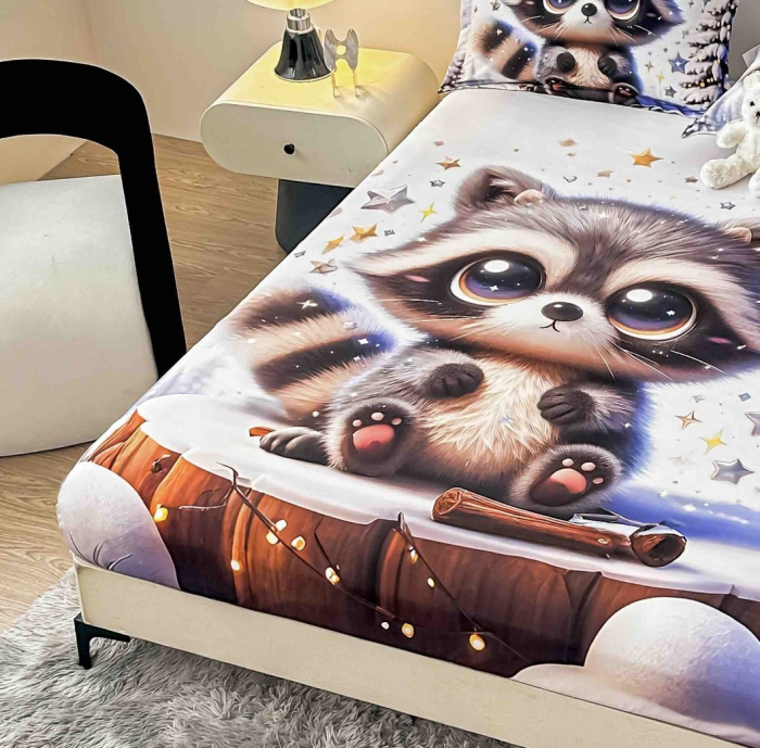 Husa de Pat cu Elastic Bumbac Finet 5D, Pat Dublu, cu 2 Fete de Perna, 160x200 cm - Maro, Raton [2]