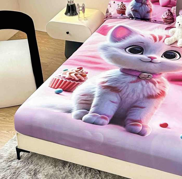 Husa de Pat cu Elastic Bumbac Finet 5D, Pat Dublu, cu 2 Fete de Perna, 160x200 cm - Roz, Pisicuta [2]