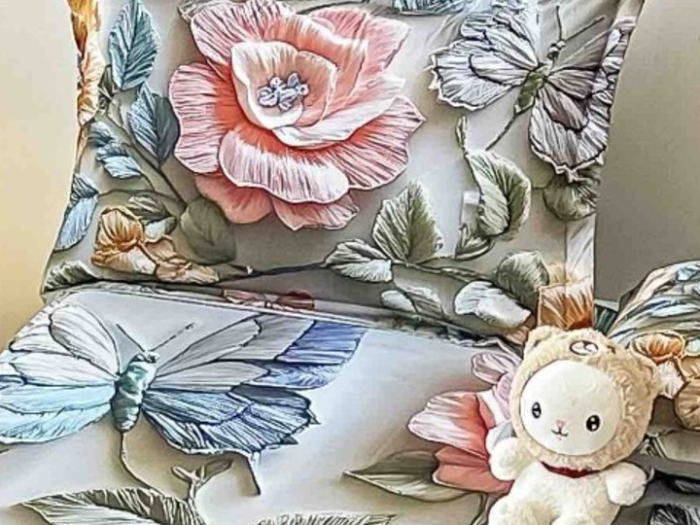 Husa de Pat cu Elastic Bumbac Finet 5D, Pat Dublu, cu 2 Fete de Perna, 160x200 cm - Alb, Flori Albastre [4]