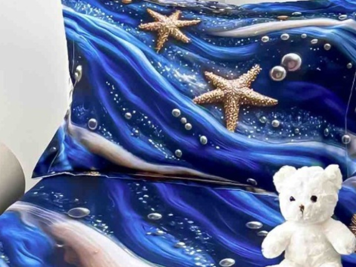 Husa de Pat cu Elastic Bumbac Finet 5D, Pat Dublu, cu 2 Fete de Perna, 160x200 cm - Albastru, Stele [4]
