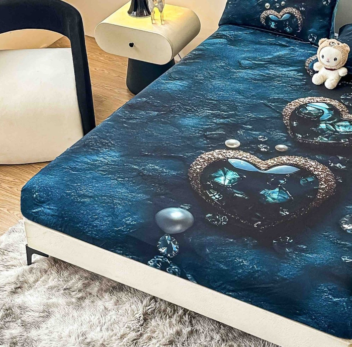 Husa de Pat cu Elastic Bumbac Finet 5D, Pat Dublu, cu 2 Fete de Perna, 160x200 cm - Albastru Inchis, Flori [2]