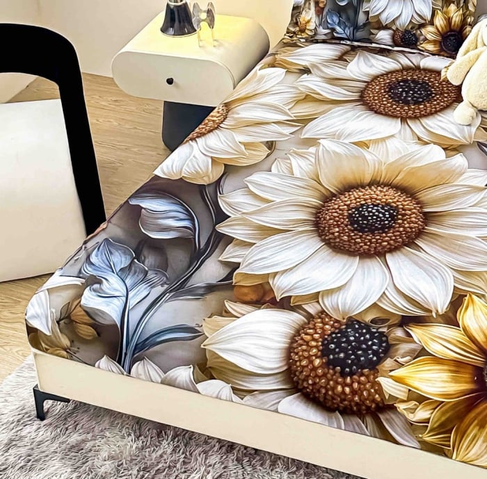 Husa de Pat cu Elastic Bumbac Finet 5D, Pat Dublu, cu 2 Fete de Perna, 160x200 cm - Multicolor, Floarea Soarelui [2]