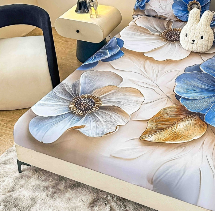 Husa de Pat cu Elastic Bumbac Finet 5D, Pat Dublu, cu 2 Fete de Perna, 160x200 cm - Alb, Papadie [2]