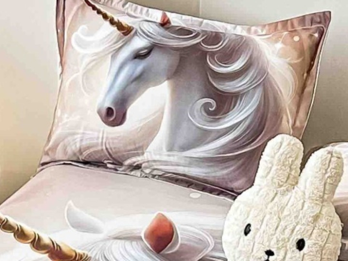 Husa de Pat cu Elastic Bumbac Finet 5D, Pat Dublu, cu 2 Fete de Perna, 160x200 cm - Crem, Unicorn [4]