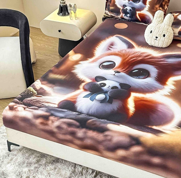 Husa de Pat cu Elastic Bumbac Finet 5D, Pat Dublu, cu 2 Fete de Perna, 160x200 cm - Maro, Iepuras [2]