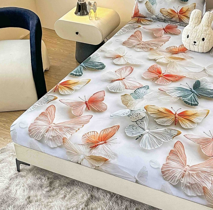 Husa de Pat cu Elastic Bumbac Finet 5D, Pat Dublu, cu 2 Fete de Perna, 160x200 cm - Alb, Flori [2]