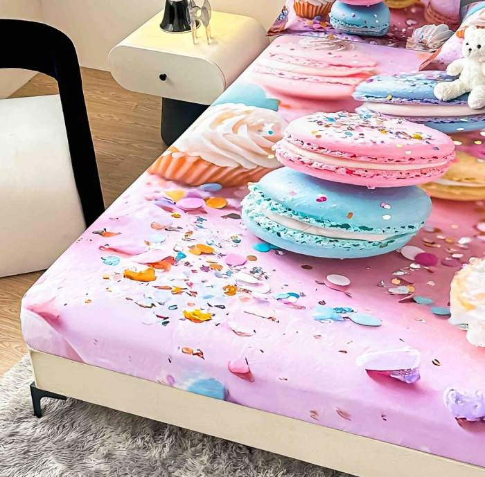 Husa de Pat cu Elastic Bumbac Finet 5D, Pat Dublu, cu 2 Fete de Perna, 160x200 cm - Roz, Dulciuri [2]