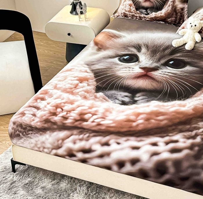 Husa de Pat cu Elastic Bumbac Finet 5D, Pat Dublu, cu 2 Fete de Perna, 160x200 cm - Maro, Pisica [2]